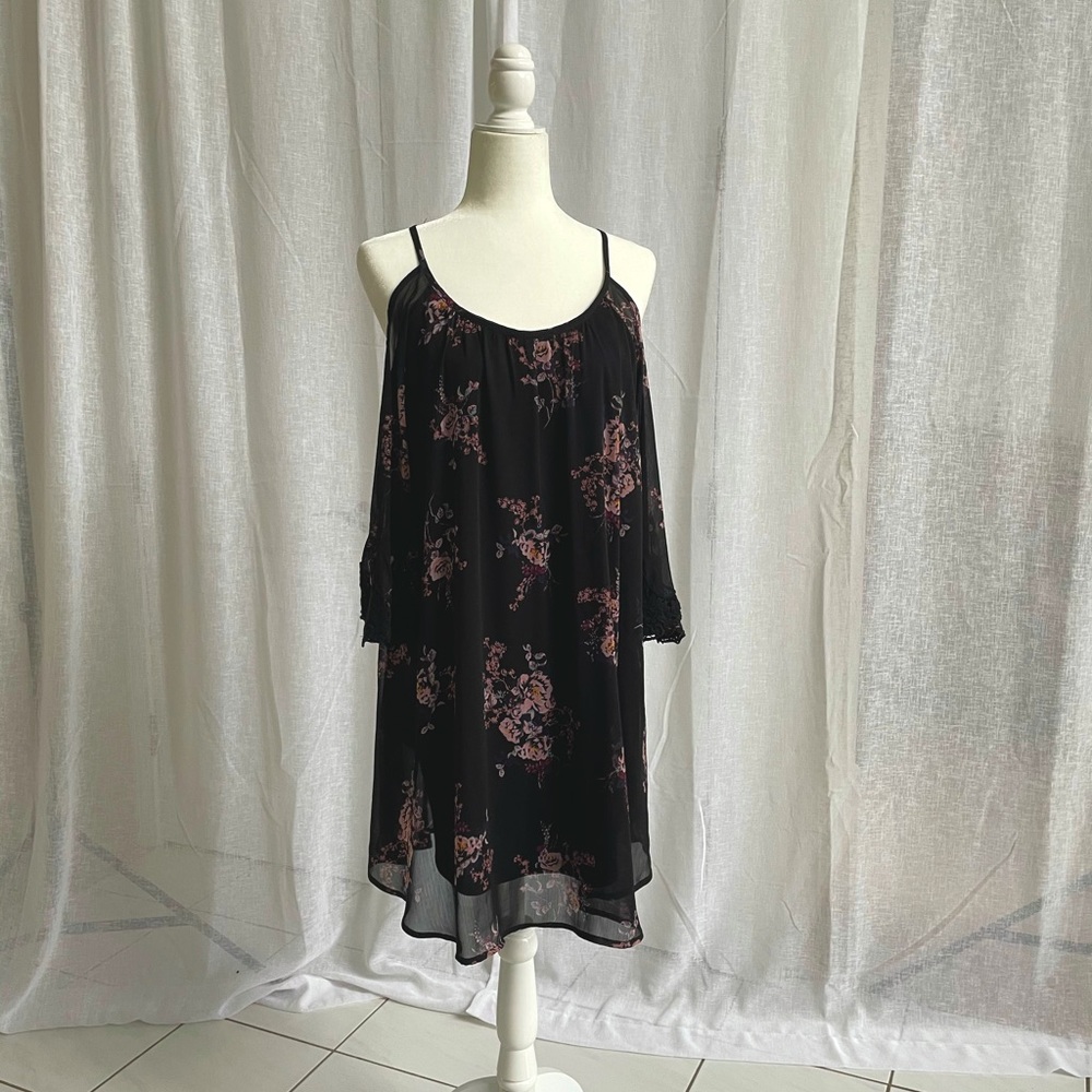Black and floral shift dress with peekaboo sleeves